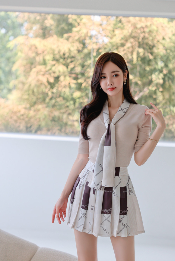 231221_RO更新(奶油咖啡拼搭图案百褶半袖裙)