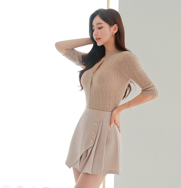 240414_RO更新(深棕卡其螺旋麻纹纽花短袖裙)